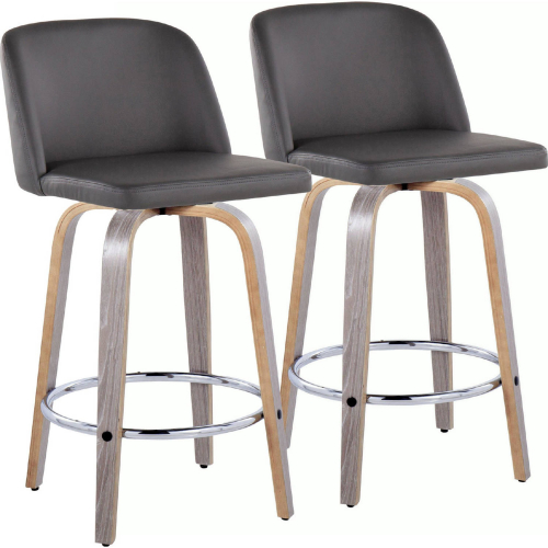 Toriano 26" Swivel Counter Stool in Light Grey Wood & Grey Leatherette & Chrome (Set of 2)